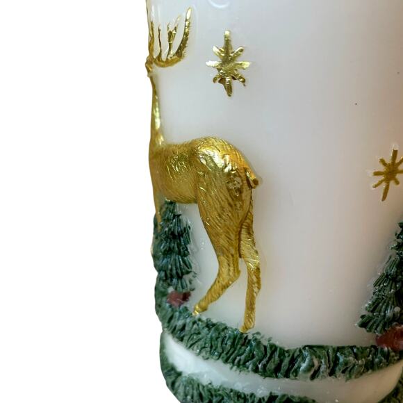 Christmas Pillar Candle Set of 2 Embossed Reindeer & Christmas Pine Trees 6" NEW - Picture 4 of 13